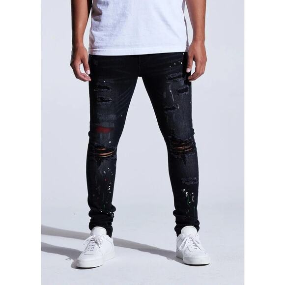 Crysp Denim Men's Distressed Rip & Repair Paint Splatter Skinny Fit Black Jeans - Picture 1 of 6